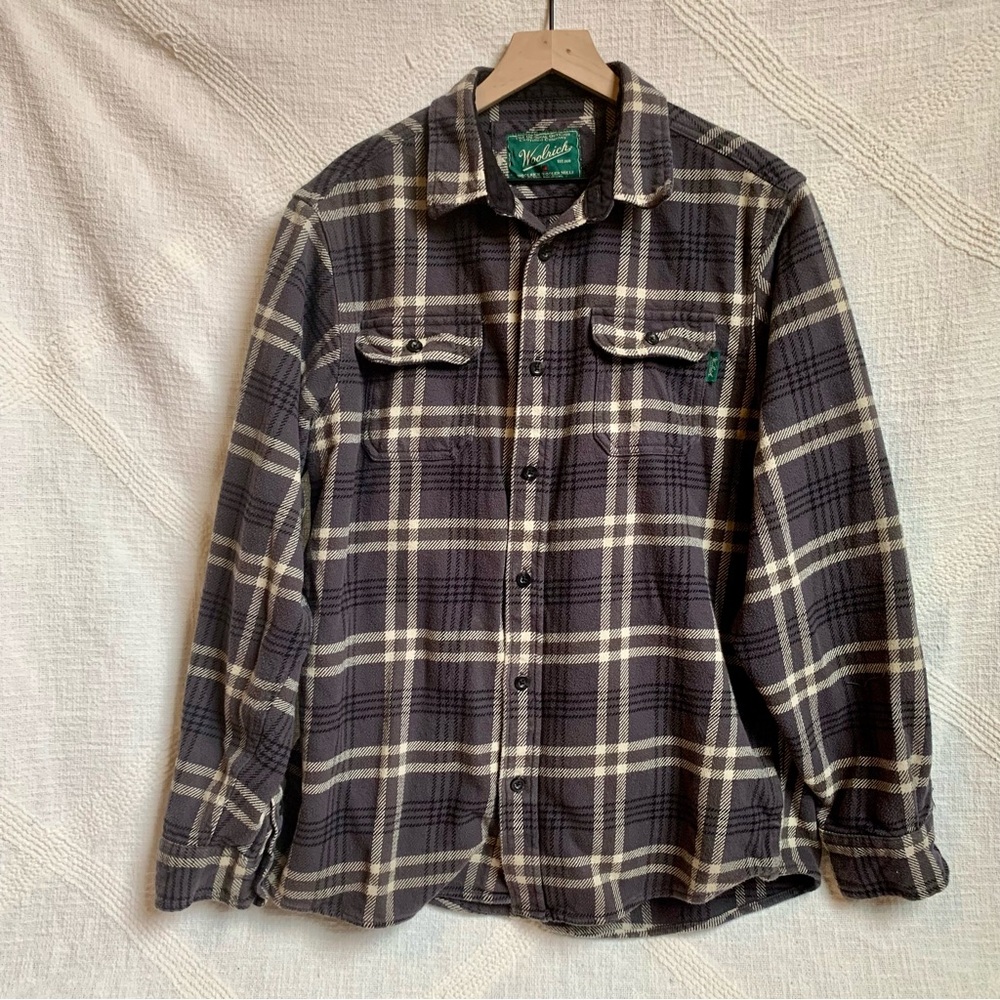 Woolrich Shirt Flannel Plaid Mens Large Long Sleeve Top Button Down Gray Cotton